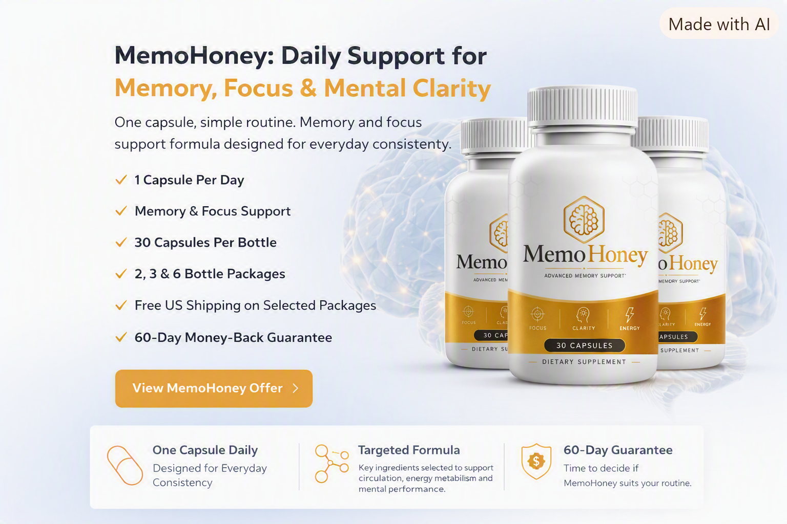 MemoHoney supplement bottle presented alongside imagery representing mental clarity and calm focus