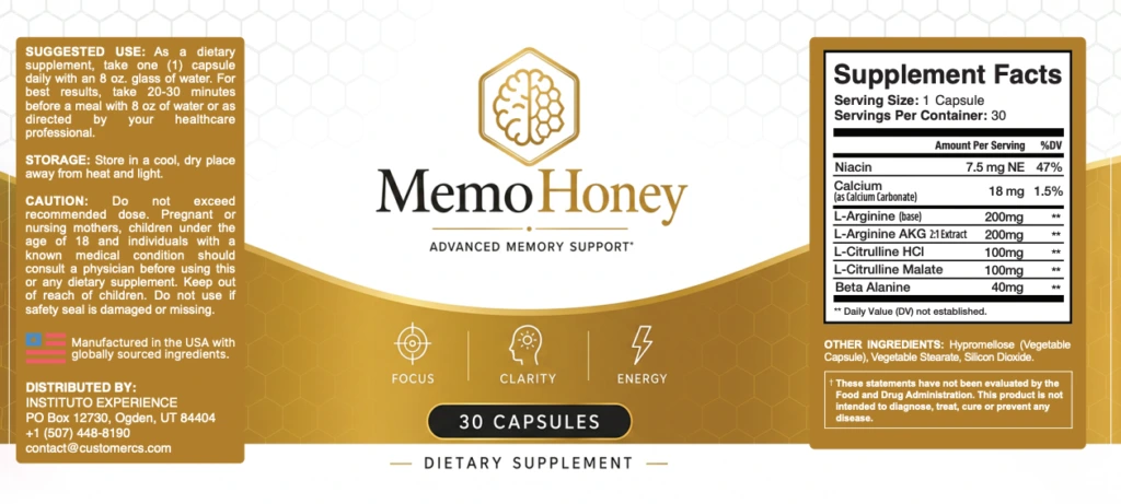 MemoHoney supplement facts panel listing niacin, calcium, L-arginine, L-arginine AKG, L-citrulline HCl, L-citrulline malate and beta alanine with their doses