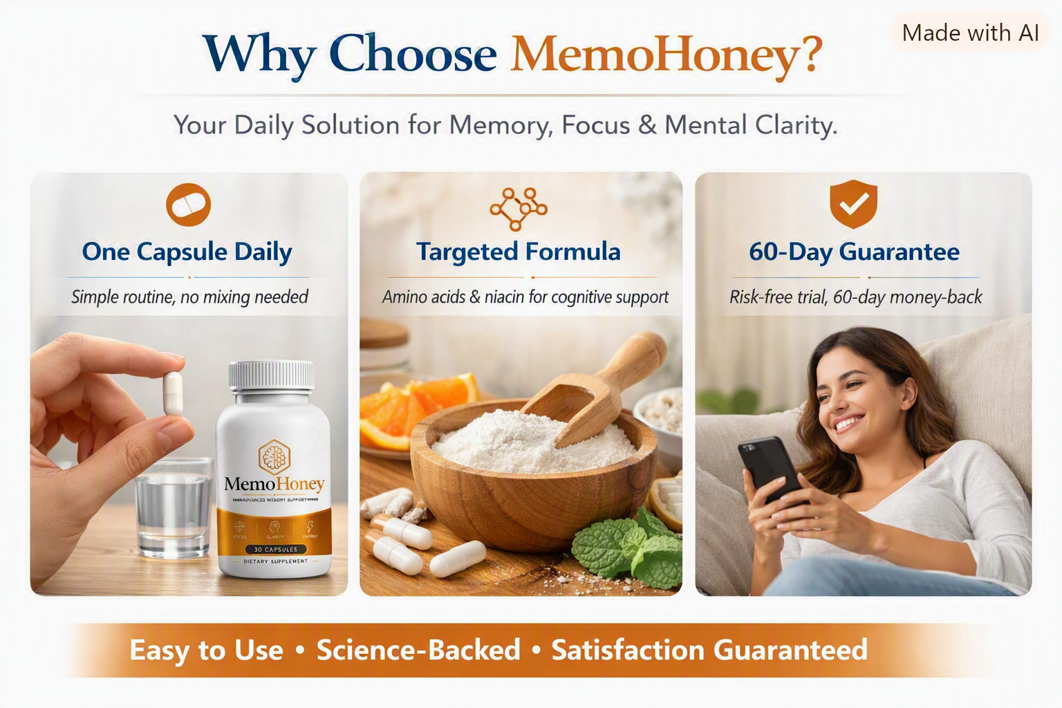 Overview graphic showing the reasons to choose MemoHoney memory support capsules